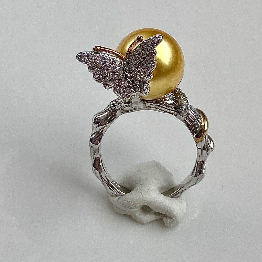 R25- Premium Round Deep Gold South Sea Pearl 11.8 mm s925 Butterfly Ring - Picture 2 of 9